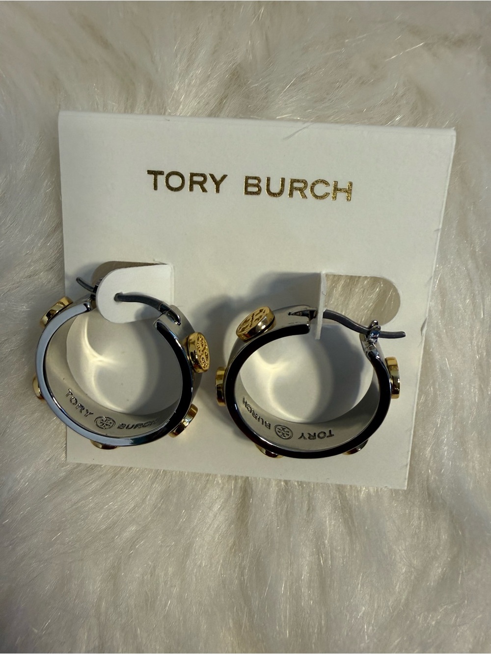 Tory Burch Two-Tone Logo Accent Hoop Earrings - Picture 4 of 4